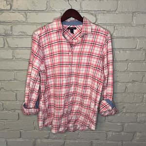Pink, Brown, and White Plaid Flannel Button Down